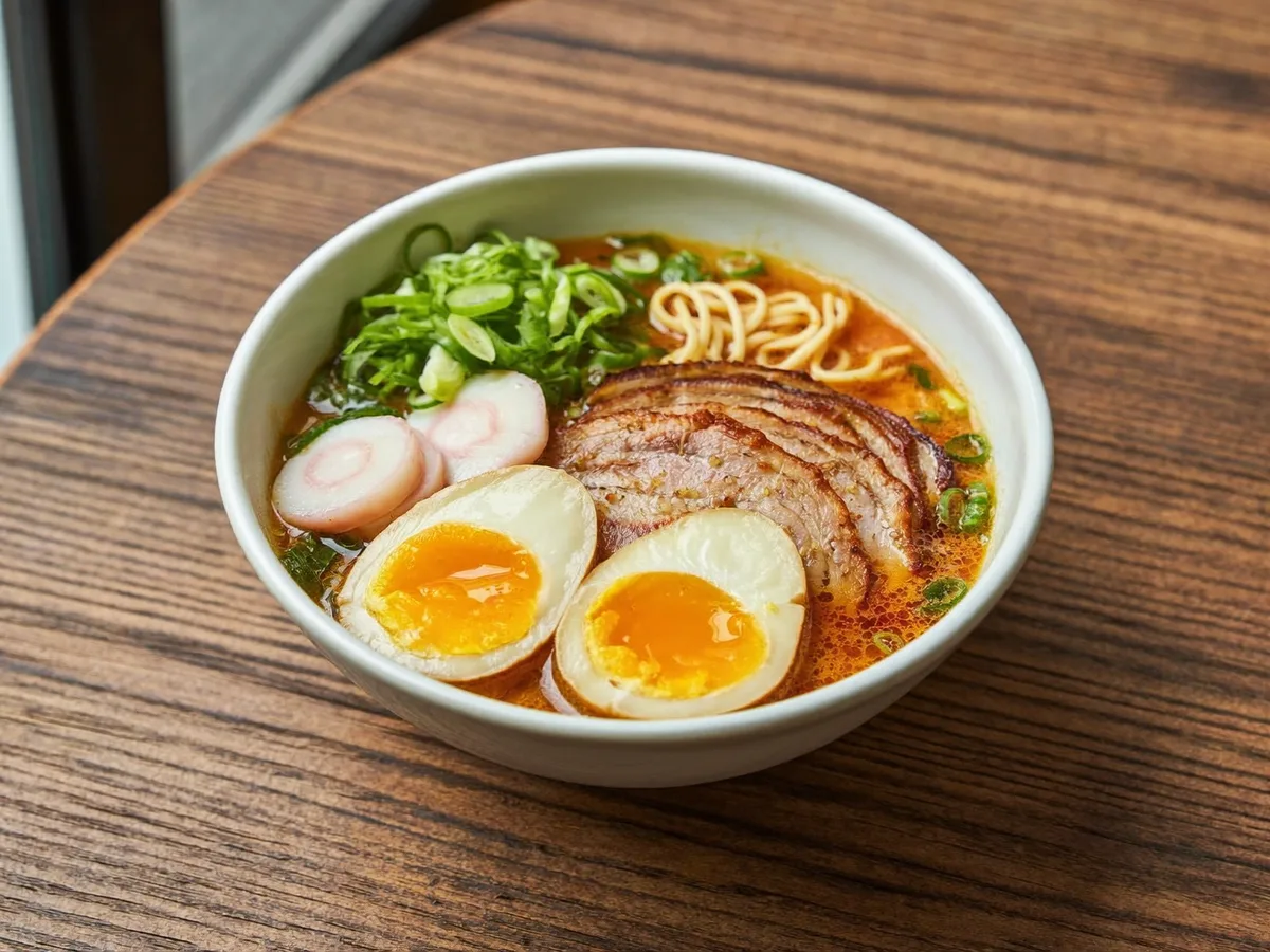 A bowl of ramen with egg, sliced pork and scallions on a wooden table